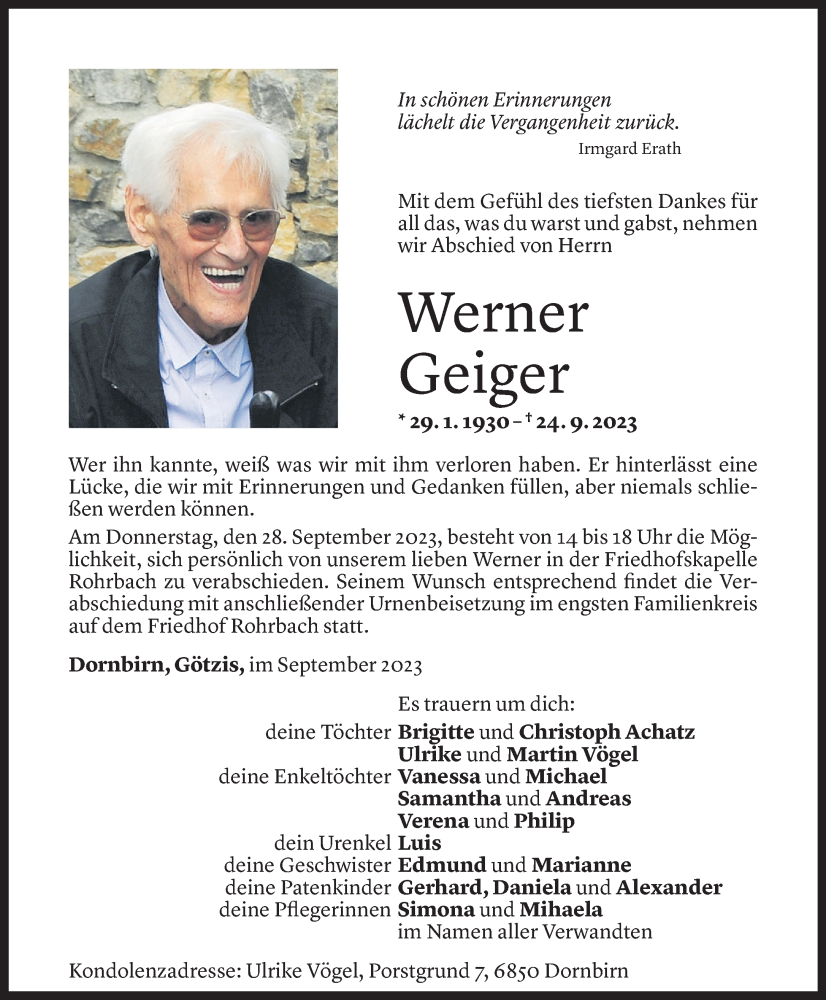  Todesanzeige für Werner Geiger vom 26.09.2023 aus Vorarlberger Nachrichten