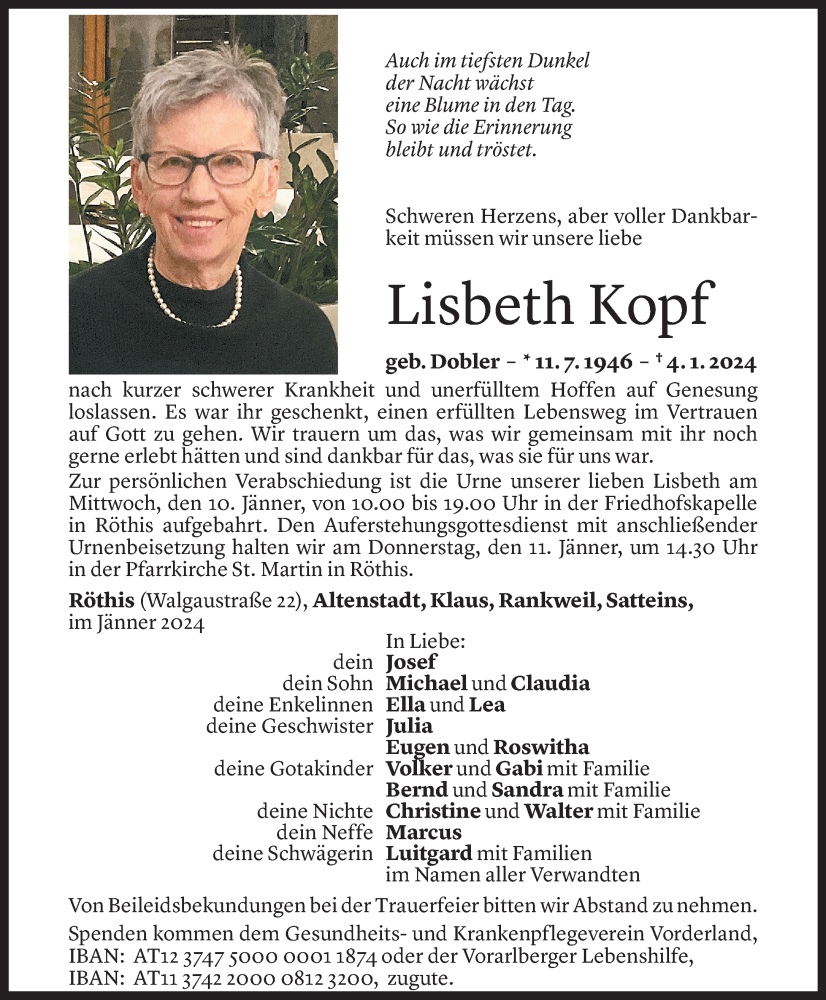  Todesanzeige für Lisbeth Kopf vom 08.01.2024 aus Vorarlberger Nachrichten