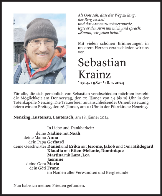 Todesanzeige von Sebastian Krainz von Vorarlberger Nachrichten