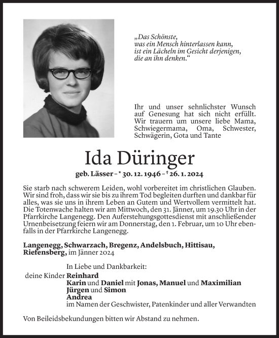 Todesanzeige von Ida Düringer von Vorarlberger Nachrichten