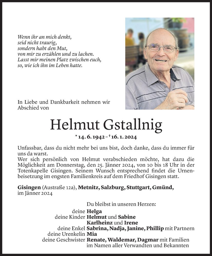  Todesanzeige für Helmut Gstallnig vom 23.01.2024 aus Vorarlberger Nachrichten