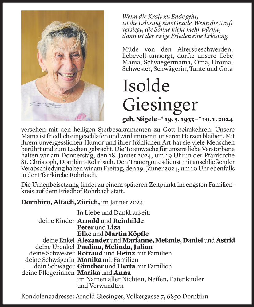  Todesanzeige für Isolde Giesinger vom 16.01.2024 aus Vorarlberger Nachrichten