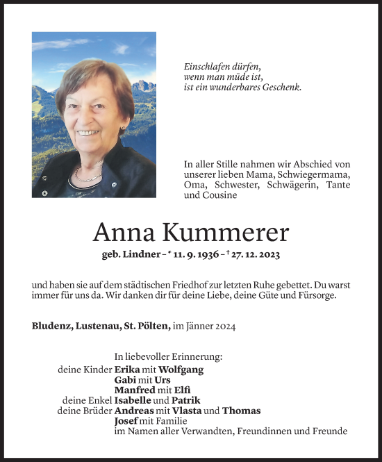 Todesanzeige von Anna Kummerer von Vorarlberger Nachrichten