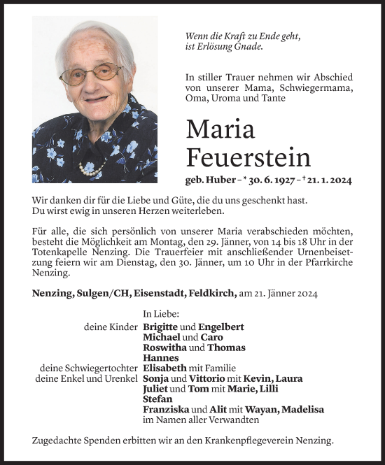 Todesanzeige von Maria Feuerstein von Vorarlberger Nachrichten
