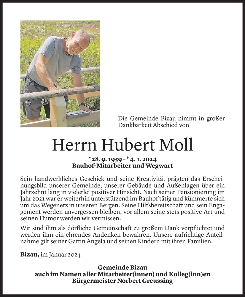  Todesanzeige für Hubert Moll vom 07.01.2024 aus Vorarlberger Nachrichten