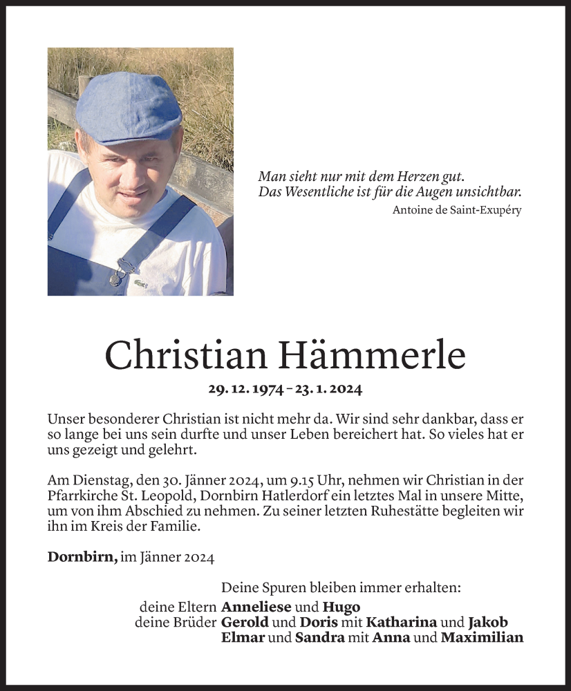  Todesanzeige für Christian Hämmerle vom 26.01.2024 aus Vorarlberger Nachrichten