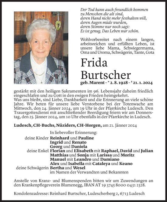 Todesanzeige von Frida Burtscher von Vorarlberger Nachrichten