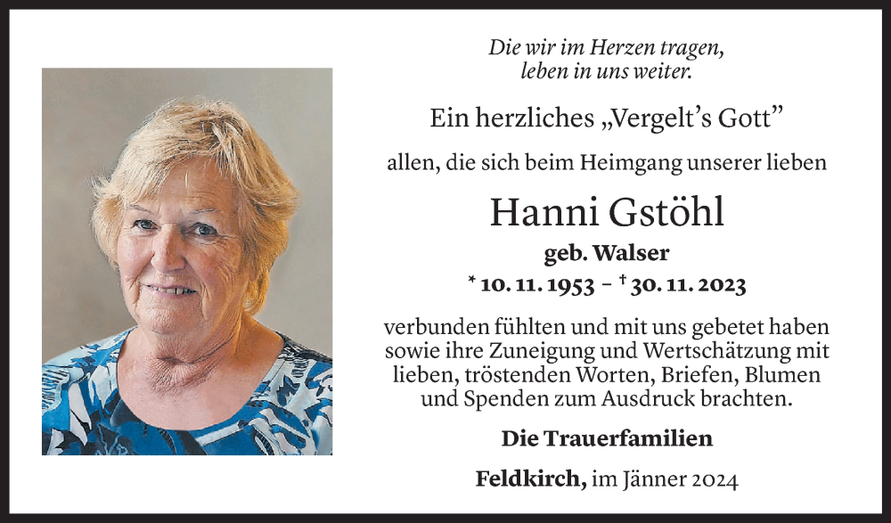 Todesanzeige für Hanni Gstöhl vom 22.01.2024 aus vorarlberger nachrichten