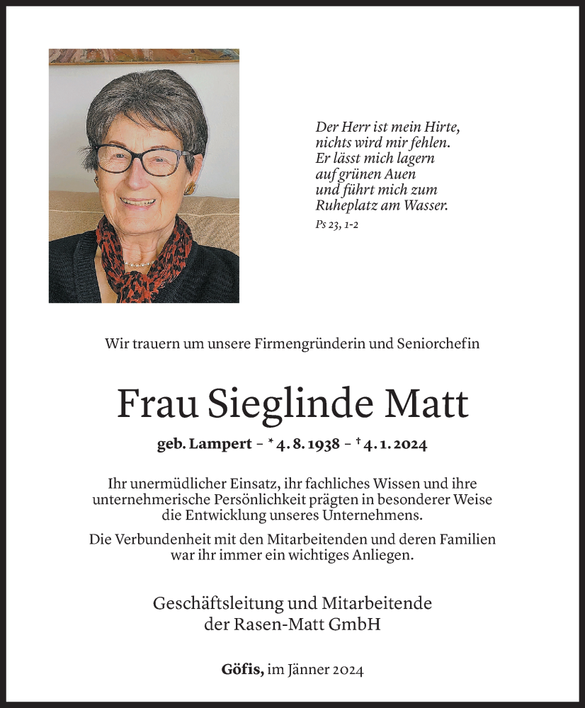  Todesanzeige für Sieglinde Matt vom 08.01.2024 aus Vorarlberger Nachrichten