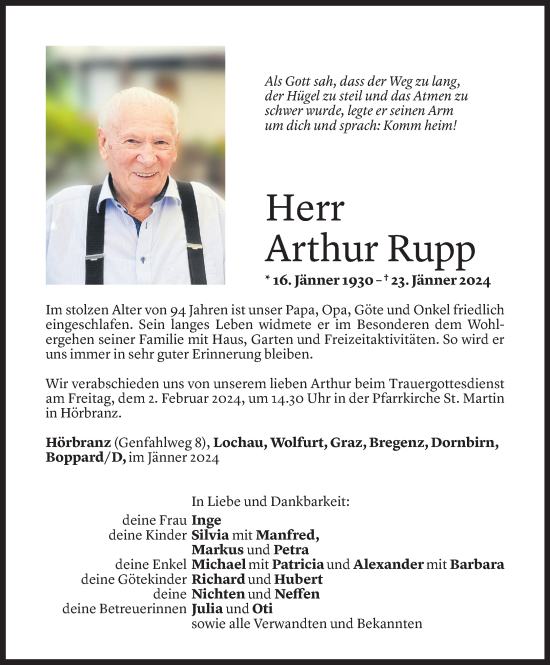 Todesanzeige von Arthur Rupp von Vorarlberger Nachrichten