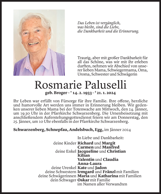 Todesanzeige von Rosmarie Paluselli von Vorarlberger Nachrichten