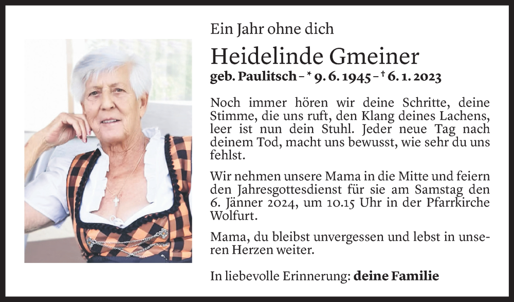  Todesanzeige für Heidelinde Gmeiner vom 05.01.2024 aus Vorarlberger Nachrichten