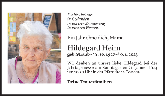 Todesanzeige von Hildegard Heim von Vorarlberger Nachrichten