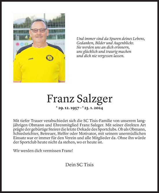 Todesanzeige von Franz Salzger von Vorarlberger Nachrichten