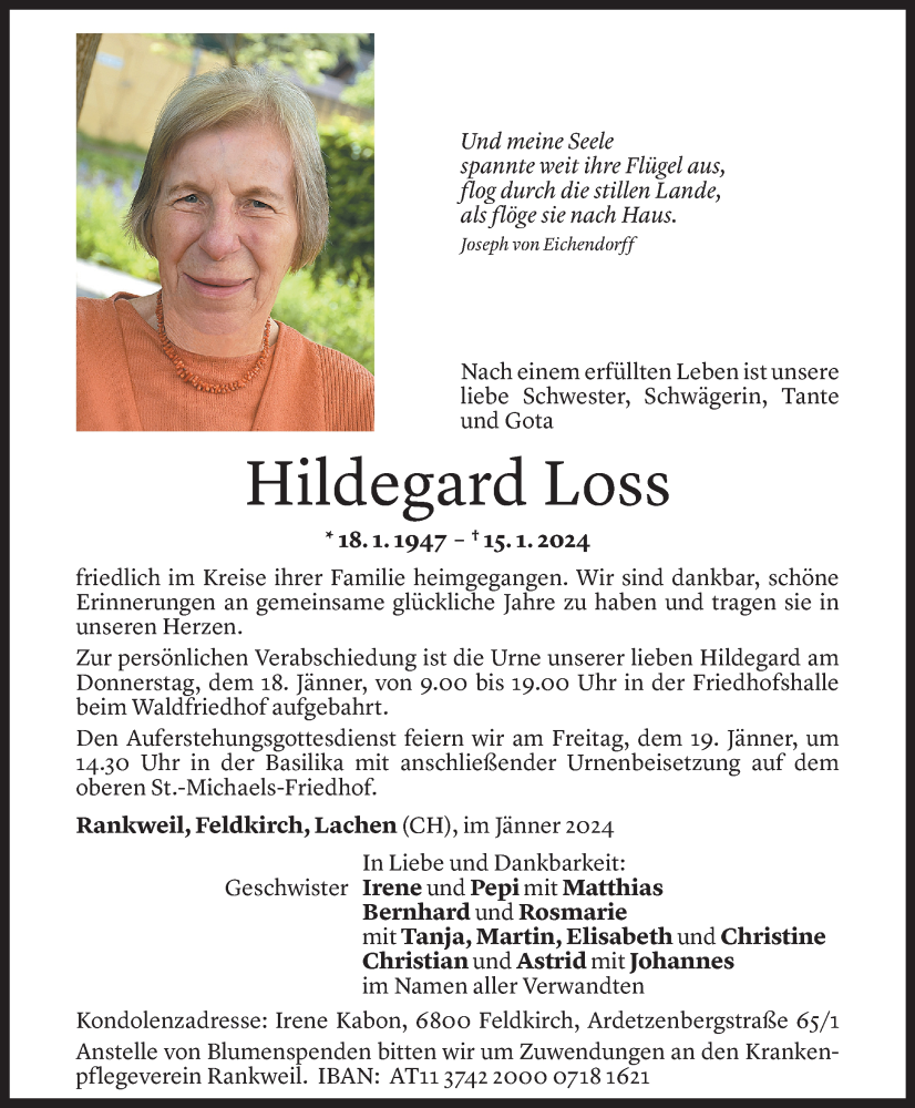  Todesanzeige für Hildegard Loss vom 16.01.2024 aus Vorarlberger Nachrichten