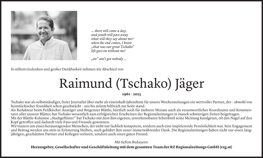  Todesanzeige für Raimund Jäger vom 01.01.2024 aus v