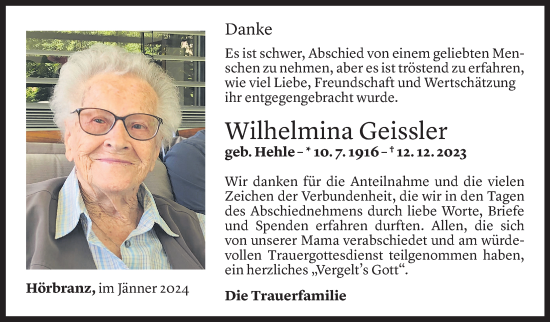 Todesanzeige von Wilhelmina Geissler von Vorarlberger Nachrichten