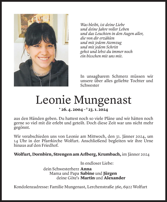 Todesanzeige von Leonie Mungenast von Vorarlberger Nachrichten