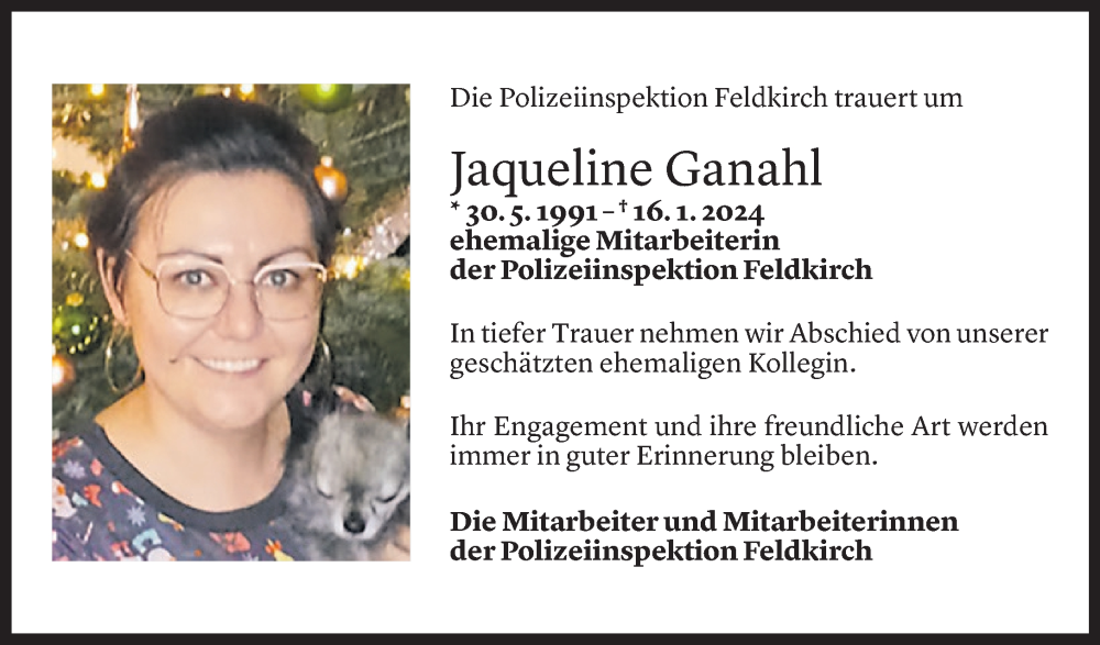  Todesanzeige für Jaqueline Ganahl vom 21.01.2024 aus Vorarlberger Nachrichten