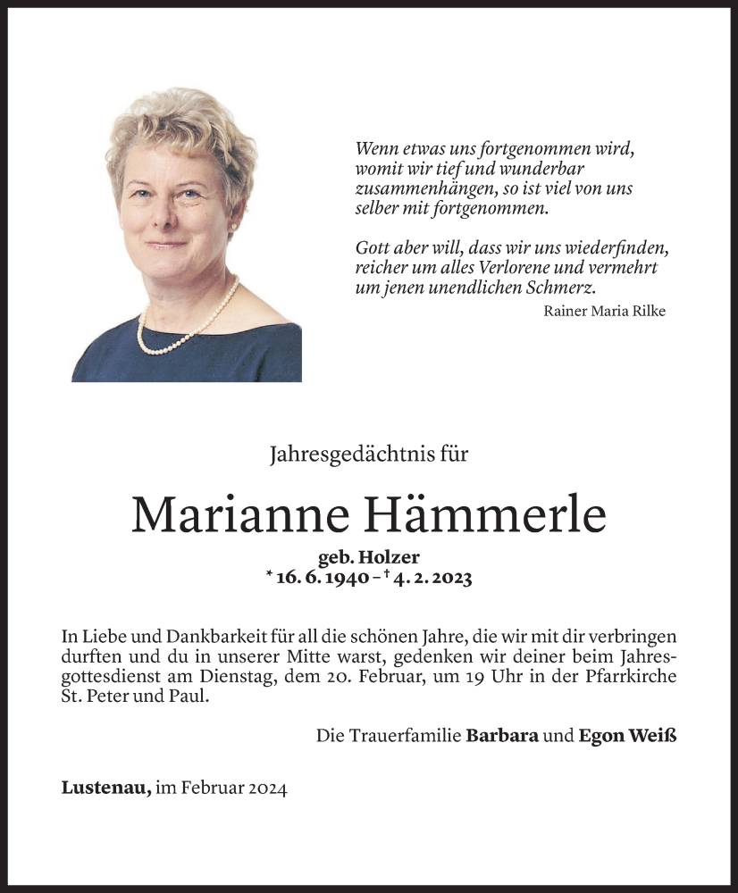  Todesanzeige für Marianne Hämmerle vom 03.02.2024 aus Vorarlberger Nachrichten