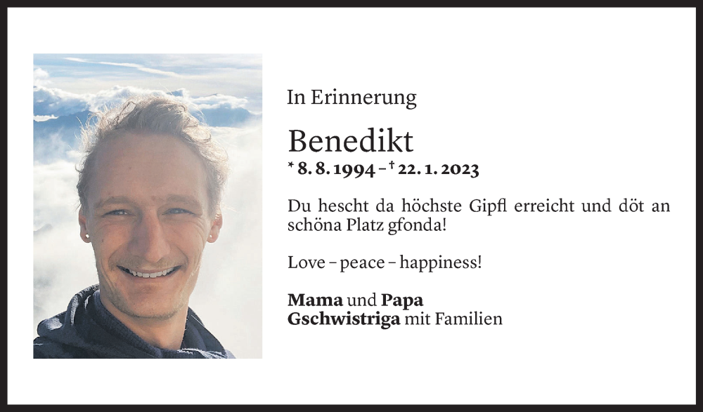  Todesanzeige für Benedikt Fritz vom 22.01.2024 aus Vorarlberger Nachrichten