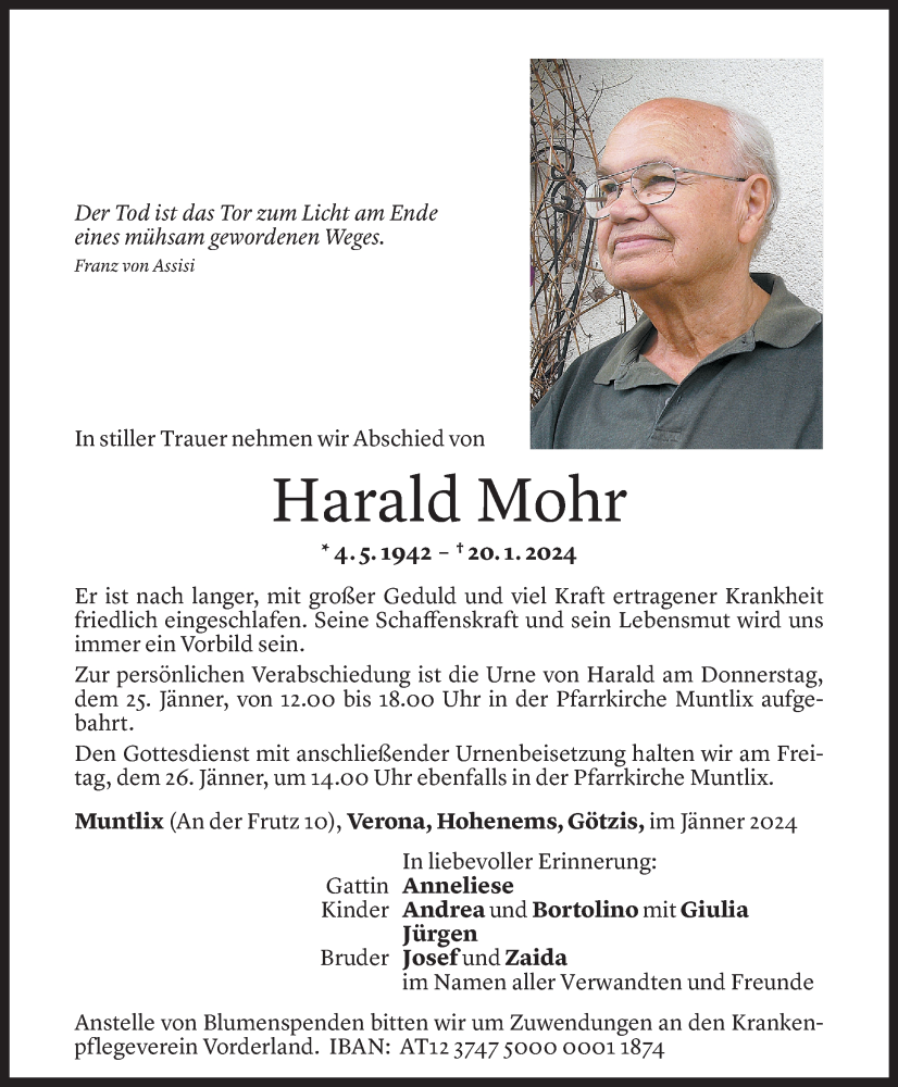  Todesanzeige für Harald Mohr vom 23.01.2024 aus Vorarlberger Nachrichten
