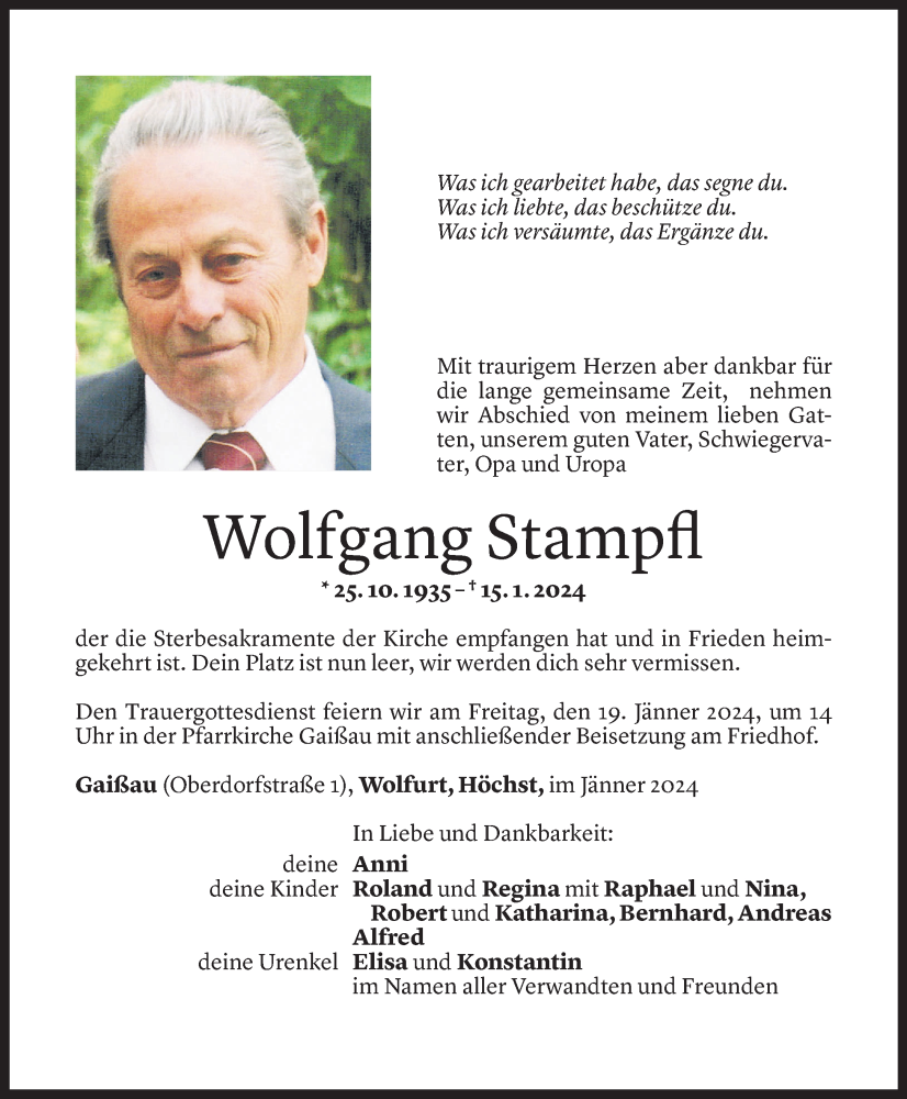  Todesanzeige für Wolfgang Stampfl vom 17.01.2024 aus Vorarlberger Nachrichten