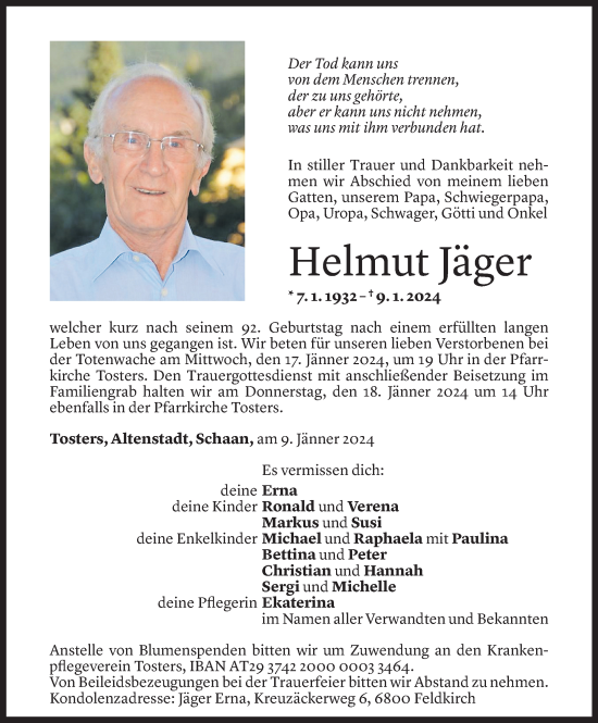 Todesanzeige von Helmut Jäger von Vorarlberger Nachrichten