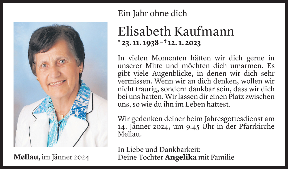  Todesanzeige für Elisabeth Kaufmann vom 12.01.2024 aus Vorarlberger Nachrichten