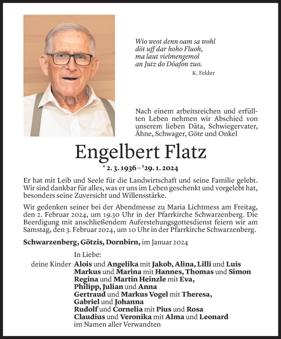 Todesanzeige von Engelbert Flatz von Vorarlberger Nachrichten