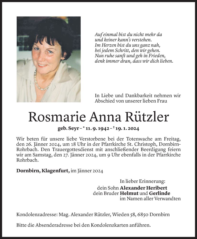  Todesanzeige für Rosmarie Anna Rützler vom 24.01.2024 aus Vorarlberger Nachrichten