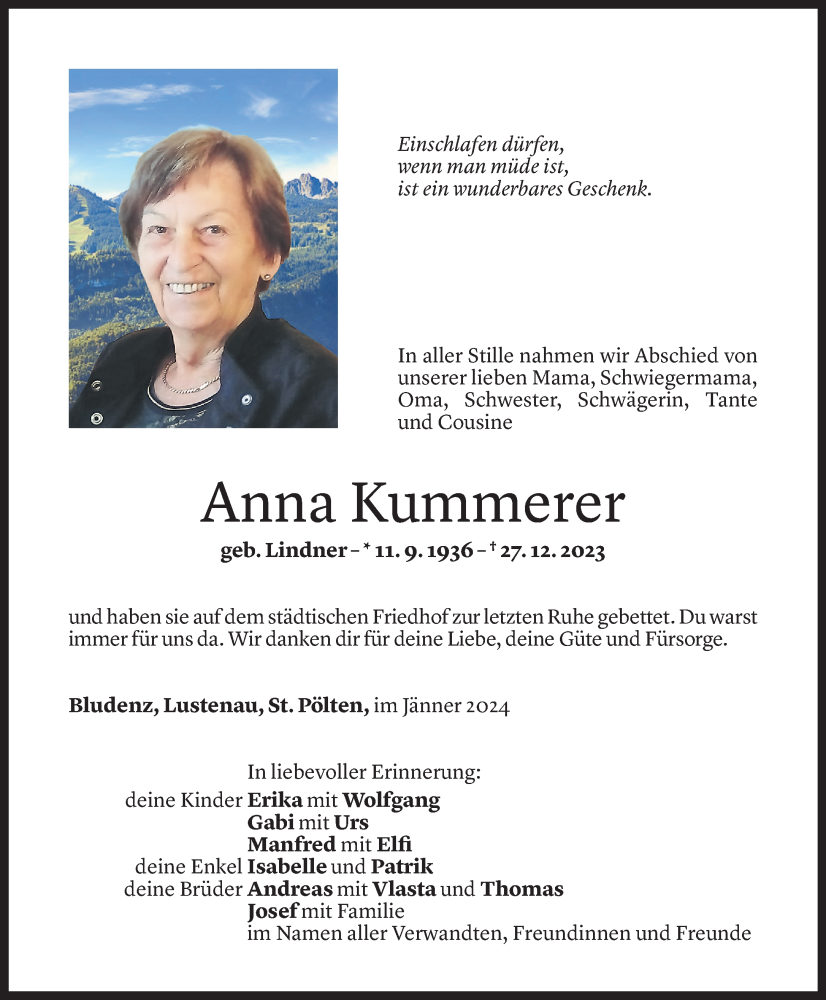  Todesanzeige für Anna Kummerer vom 17.01.2024 aus Vorarlberger Nachrichten