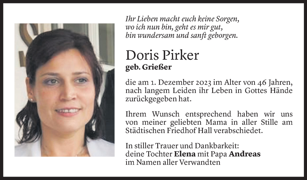  Todesanzeige für Doris Pirker vom 11.01.2024 aus Vorarlberger Nachrichten