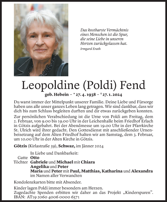 Todesanzeige von Leopoldine Fend von Vorarlberger Nachrichten