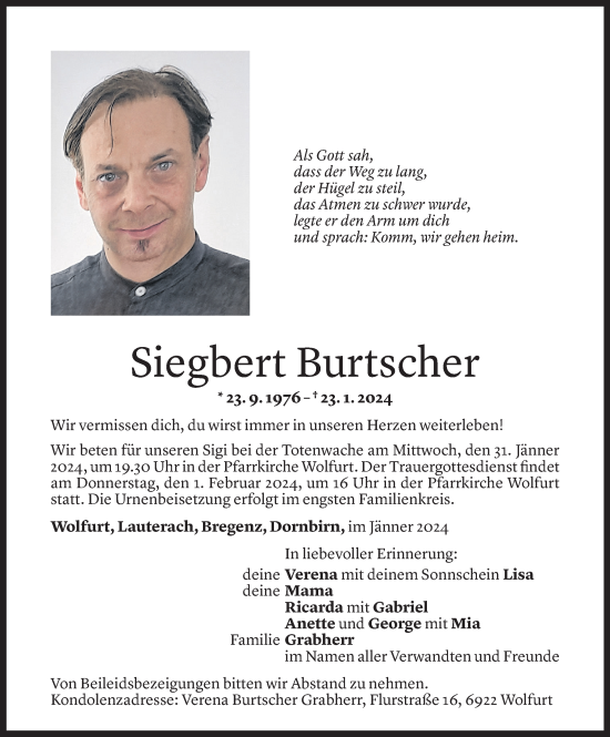 Todesanzeige von Siegbert Burtscher von Vorarlberger Nachrichten