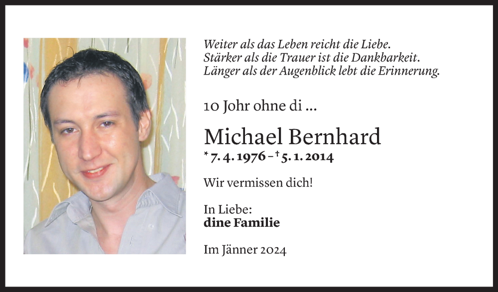  Todesanzeige für Michael Bernhard vom 05.01.2024 aus Vorarlberger Nachrichten