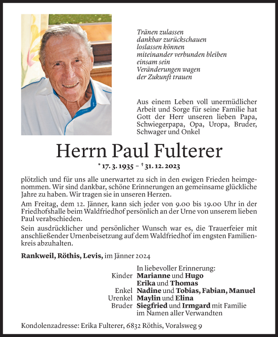 Todesanzeige von Paul Fulterer von Vorarlberger Nachrichten