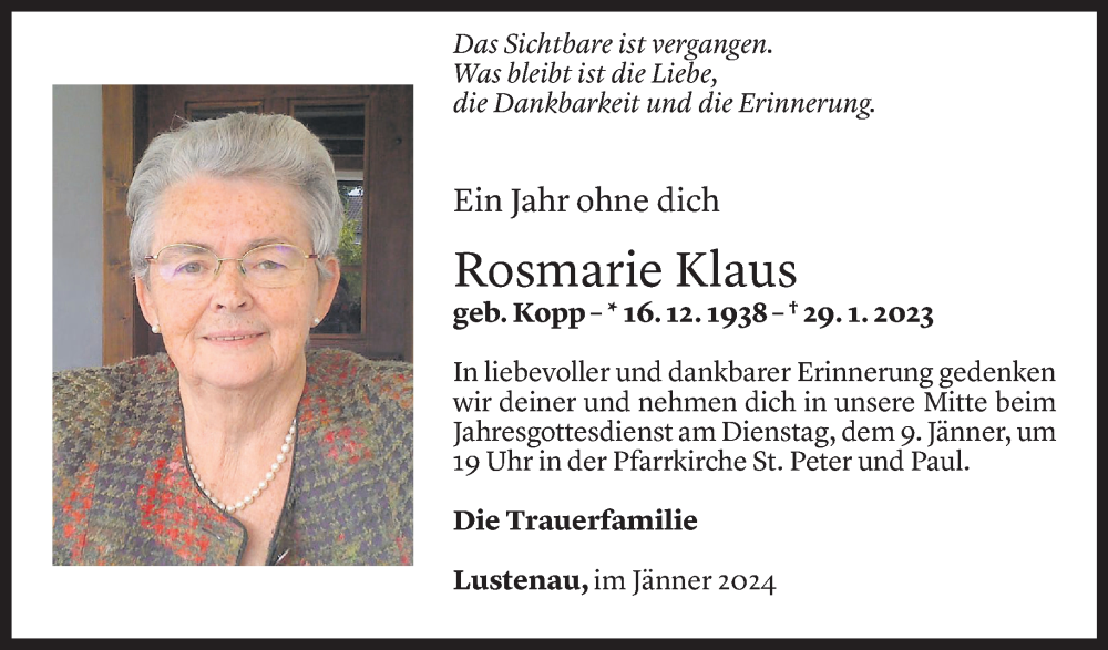  Todesanzeige für Rosmarie Klaus vom 04.01.2024 aus Vorarlberger Nachrichten