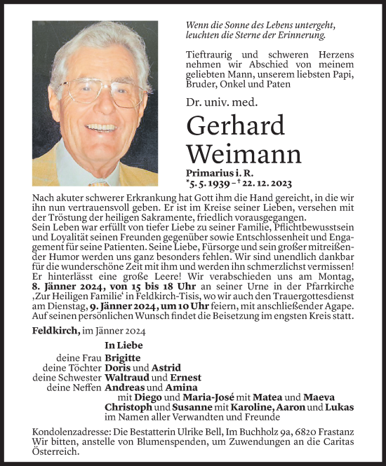 Todesanzeige von Gerhard Weimann von Vorarlberger Nachrichten
