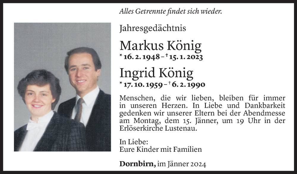  Todesanzeige für Markus König vom 13.01.2024 aus Vorarlberger Nachrichten