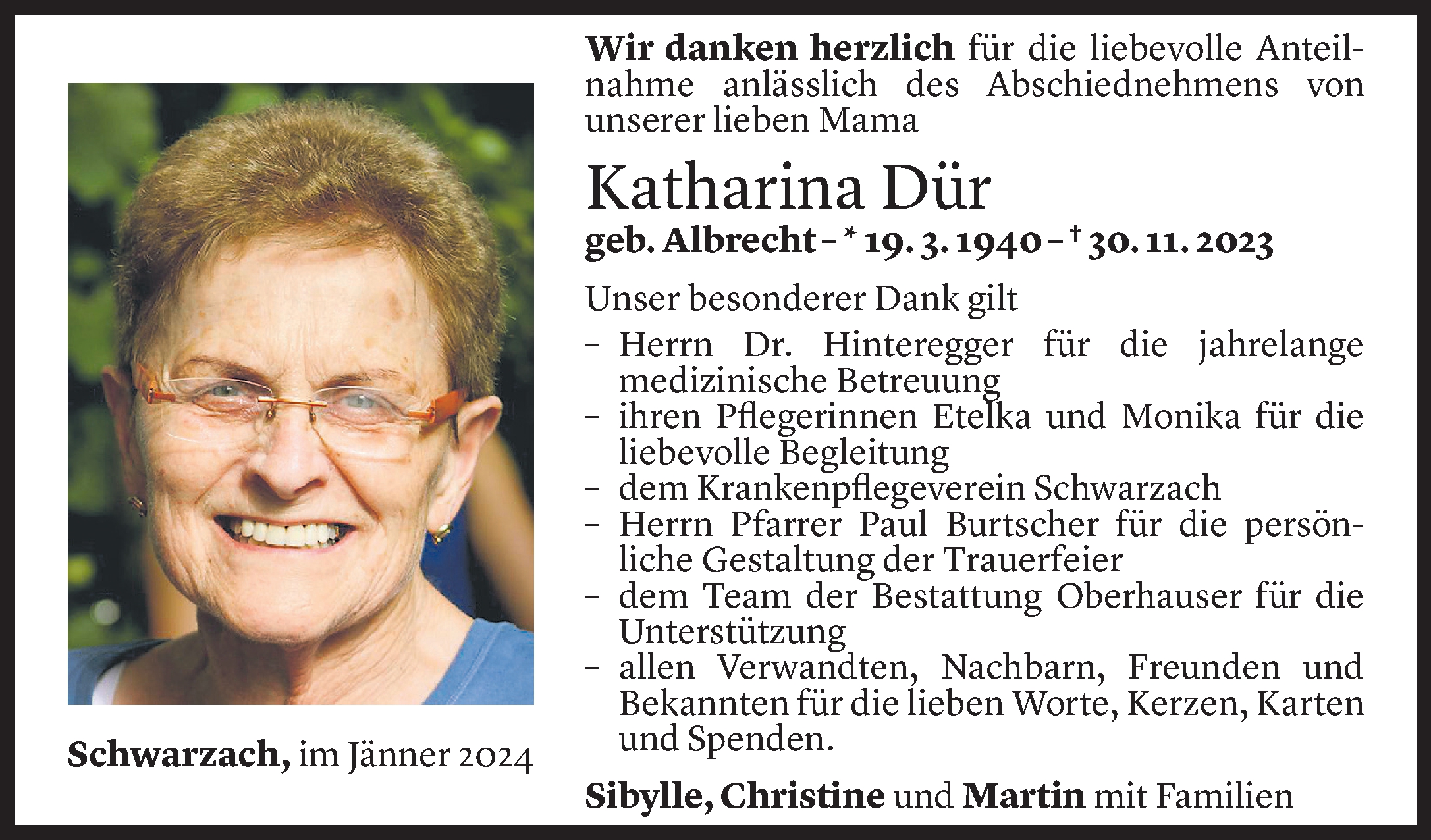  Todesanzeige für Katharina Dür vom 12.01.2024 aus Vorarlberger Nachrichten