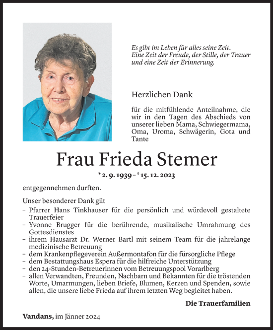 Todesanzeigen von Frieda Stemer | Todesanzeigen Vorarlberger Nachrichten