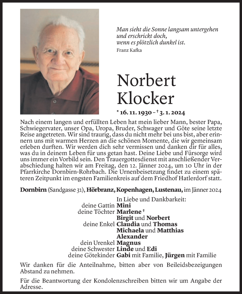  Todesanzeige für Norbert Klocker vom 10.01.2024 aus Vorarlberger Nachrichten