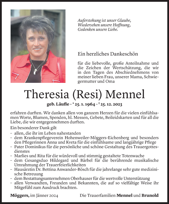 Todesanzeige von Theresia Mennel von Vorarlberger Nachrichten