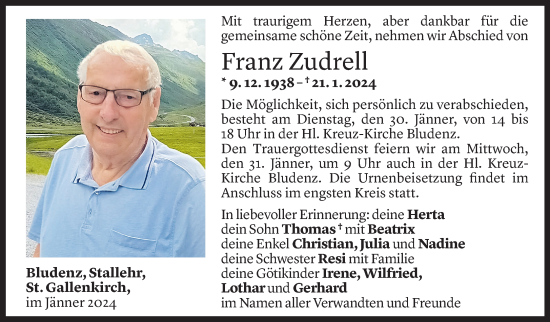 Todesanzeige von Franz Zudrell von Vorarlberger Nachrichten