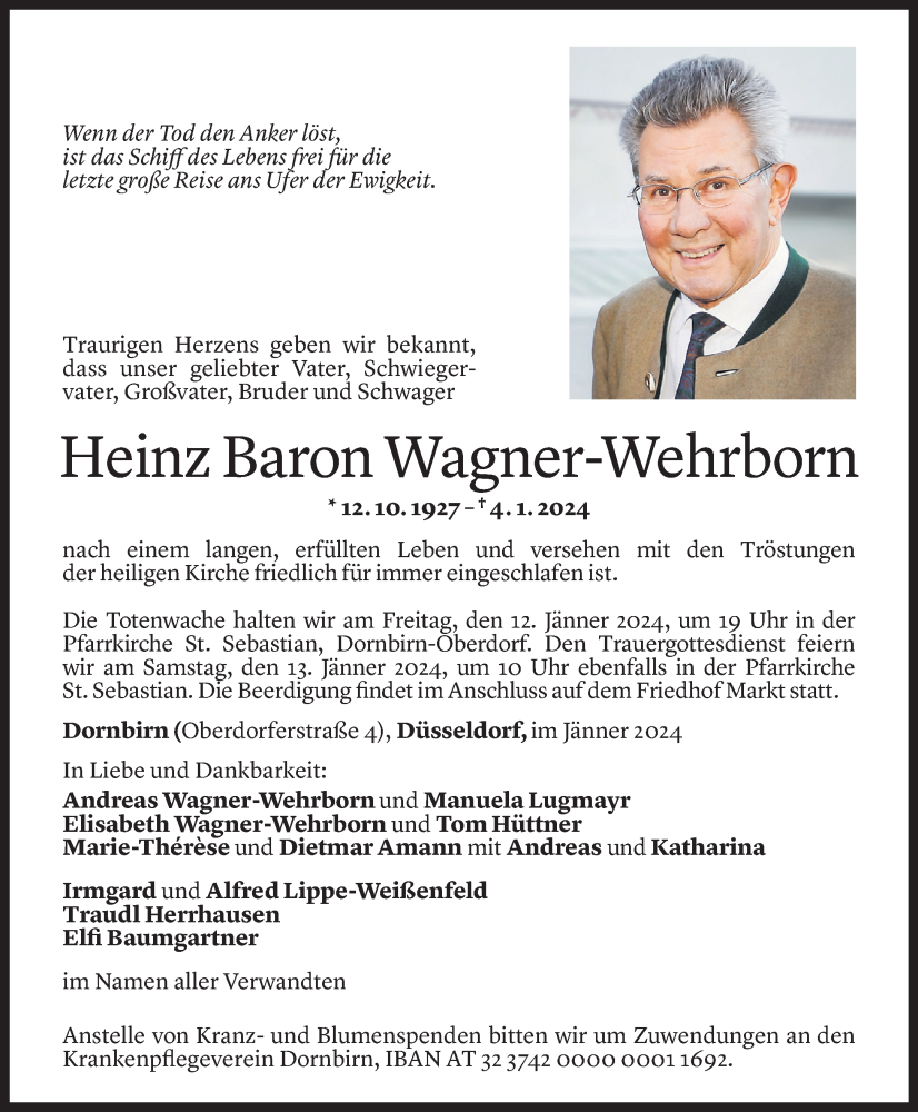  Todesanzeige für Heinz Baron Wagner-Wehrborn vom 10.01.2024 aus Vorarlberger Nachrichten