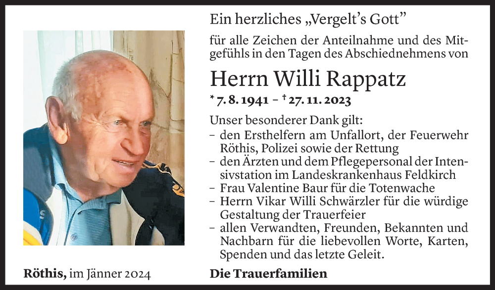  Todesanzeige für Willibald Rappatz vom 05.01.2024 aus Vorarlberger Nachrichten