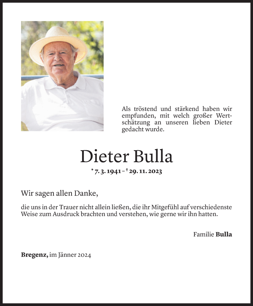  Todesanzeige für Dieter Bulla vom 09.01.2024 aus Vorarlberger Nachrichten
