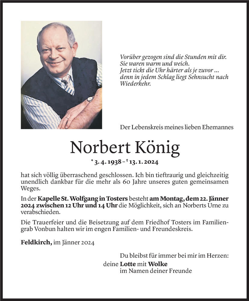  Todesanzeige für Norbert König vom 19.01.2024 aus Vorarlberger Nachrichten