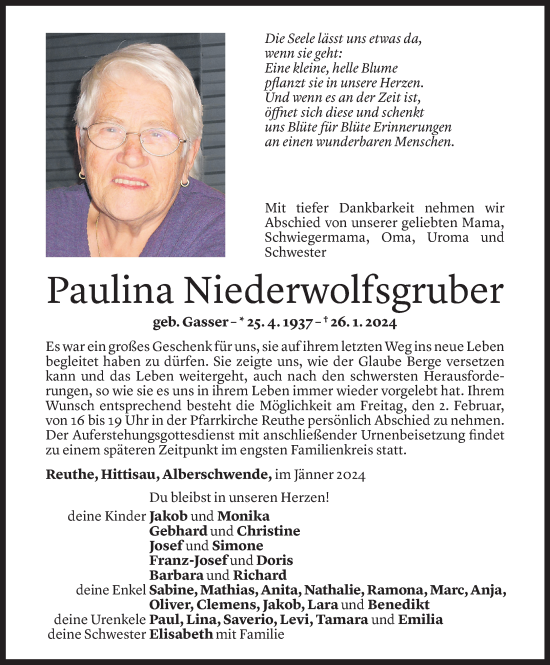 Todesanzeige von Paulina Niederwolfsgruber von Vorarlberger Nachrichten